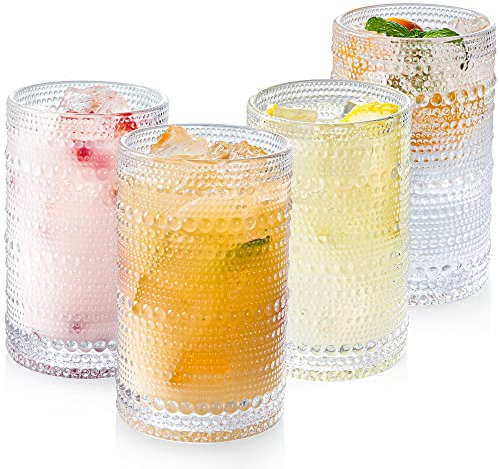 POLIDREAM Hobnail,Juego de 4 vasos de cristal vintage Art Déco, vasos de cristal de 12 onzas, vasos de vidrio en relieve transparente, vasos románticos de bebidas heladas, soda, capuchino