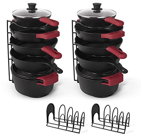 Cuisinel Pots and Pans Organizer - 15 Heavy Duty Skillet Rack - 2 Pack - Kitchen Counter/Cabinet Organization Storage - Holder for Cookie Sheet, Cutting Board, Cast Iron Cookware, Dish, Lid Stand
