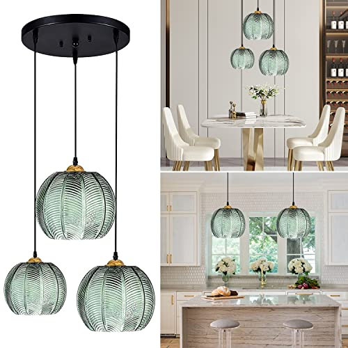 AvgnLxqe Modern Pendant Light 3 Light, Glass Pendant Lighting Ceiling Lampshade Green Height Adjustable Hanging Pendant Light for Kitchen Island Dining Room Bedroom Villa (3 Light)