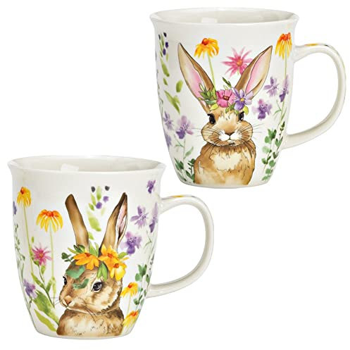 Tassen 2er Set in weiß mit Osterhase - Süße Porzellan Kaffeebecher in 420ml für Tee Kaffee Cappuccino - Außergewöhnliche Kaffeetassen spülmaschinenfest und mikrowellengeeignet als Geschenk