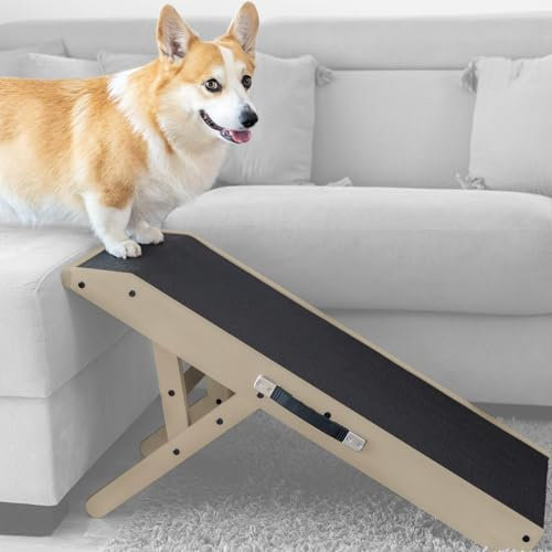 Hunderampe - Hundetreppe für kleine Hunde und große Hunde - Einstellbar 18-53 cm - Für Bett, Sofa - Birkenholz - Landeplattform schließt nahtlos an - Rampe Hund Klappbar - Anti-rutsch Einsatz Beige