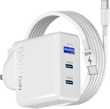 65W Charger For Samsung Galaxy Tab S10 FE Plus Ultra A9 Plus S9 FE Tab S9 FE+ Tab S9 S9+ S9 Ultra Tab S8 Plus Tab S6 Lite Tab S7 A8 A7 A9 Tab USB C Power adapter GaN Fast Tablet Charger Plug (WHITE)