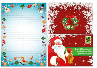 Briefpapier-Set A5 blau Schreibblock liniert mit Umschlag Weihnachten Wichtelgeschenk für Kinder (1 Block A5 mit 25 Blättern + 15 bedruckte Kuverts An den Weihnachtsmann)