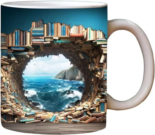 3D Bookshelf Creative Ceramic Water Cup,Ceramic Coffee Mug with Handle,3D Bookshelves Hole in A Wall Mug,A Library Shelf Cup,Best Gift for Book Lover (A)