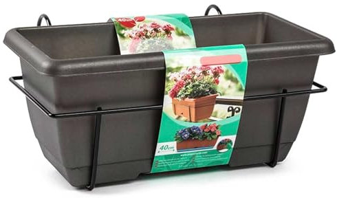 Acan Tradineur - Jardinera para balcón con Plato Integrado y Soporte metálico - Fabricado en plástico - PLFT - Capacidad de 8 L - 17 x 40 x 19,5 cm - Color Antracita