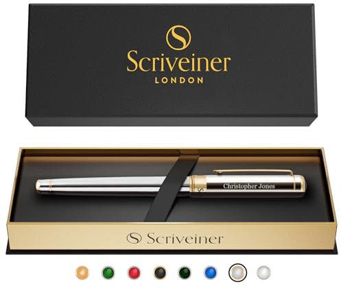 Scriveiner Personalisierter Stift Aus Silbernem Chrom - Atemberaubender Luxus Tintenroller, Gold Finish, Schmidt Tinte, Bestes Graviertes Tintenroller Geschenkset, Custom Name Gravur