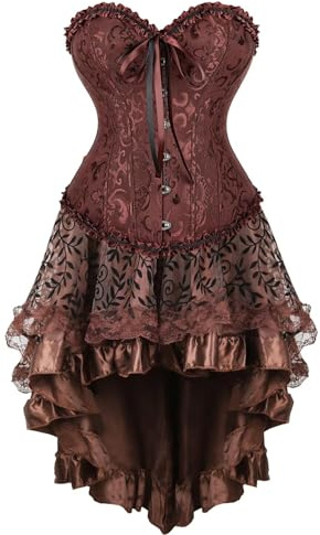 Josamogre Corset Dress Korsett Kleid Damen Corsage Set Bustier Korsettkleid Blumen Gothic Viktorianisch Braun 5XL