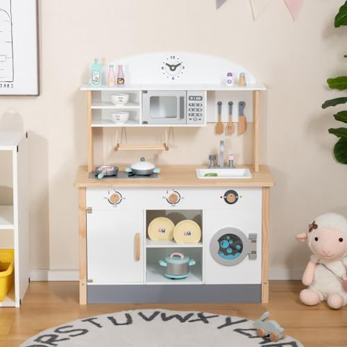 DREAMADE Kinderküche mit 17 TLG. Zubehör, Miniküche Kinderspielküche mit Spülbecken Wasserhahn Herd Mikrowelle, Spielküche Holz für Jungen und Mädchen ab 3 Jahren