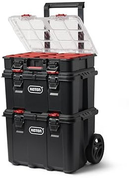 Keter Stack-n-Roll Mobile Tool Storage and Organization, 3 Piece Resin Modular Toolbox System