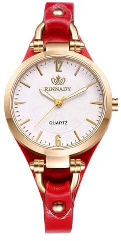 JewelryWe Uhren Damen Leder Klein: Rot Vintage Klassische Analog Quarz Armbanduhr Frauen Geschäft Lässige Uhr Damenuhr mit Punk Schmal Dünnem Leder Armband