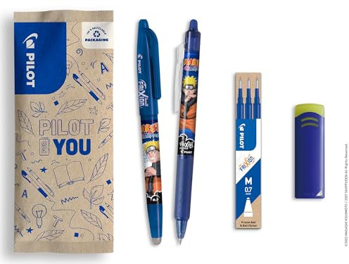 PILOT Naruto FriXion Box mit 2 Stück, 1 Set mit 3 Ersatzminen & 1 Radiergummi, radierbarer Stift, Naruto Shipudden Limited Edition, nachfüllbare Kugelschreiber, Blau, mittlere Spitze