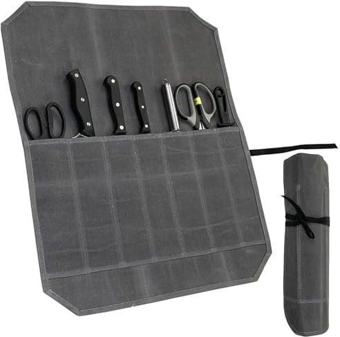 SUQ Chefs Knife Roll Bag Knife Bags, Grey, Waterproof Knife Case Storage 7 Slots Knife Cutlery Tool Roll Case Bag, Waxed Canvas Knife Bag, Gifts for Pro Culinary Enthusiasts, Cutlery Tool Case
