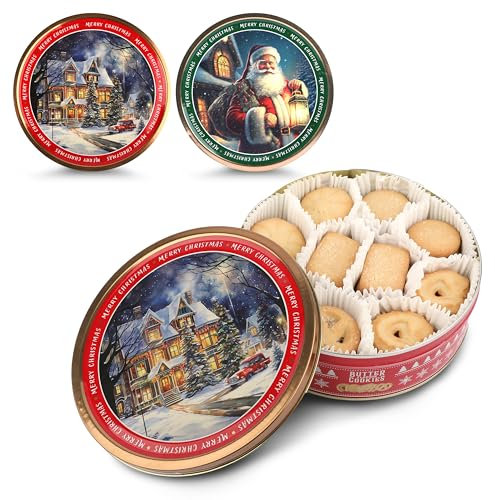 Weihnachtskeksdose mit Butter Keksen 340g – Keksdose für Plätzchen, rot oder grün, Design nach Zufall: Winterhaus oder Weihnachtsmann – Nostalgische Dose für Keks