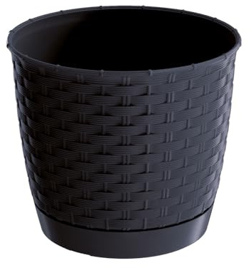 DIKEL Blumentopf ⌀25 cm | Übertopf aus Kunststoff in Rattan-Optik | Blumentöpfe mit Untertasse | Pflanzentopf für den Innen- und Außenbereich | Blumentopf witterungsbeständig | Anthrazit