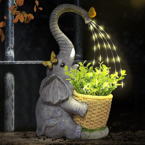 Garden Ornaments Outdoor Elephant Statue - Solar Garden Elephant Statues with Fake Plants Resin Elephant Ornament for Patio, Balcony, Yard, Lawn, Mum Birthday Gifts, Garden Gifts for Women