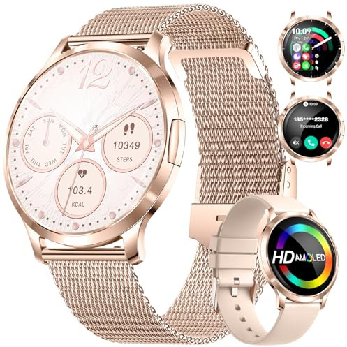 Smartwatch Damen mit Telefonfunktion, 1,32 AMOLED Display Ultradünn & Gebogen, Nachrichtenbenachrichtigung, 100+ Sportmodi, 5ATM Wasserdicht, Fitness Tracker Schrittzähler Kalorien für iOS Android