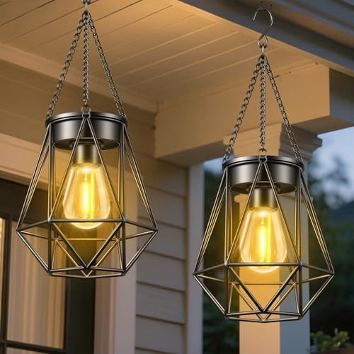 Liuyife 2 Stück Solarlampen für Außen Hängend, Metall Solar Laternen für Draußen mit LED-Glühbirne, IP65 Wasserdicht Solarlampen für Außen Terrasse Balkon Hof Gartendeko