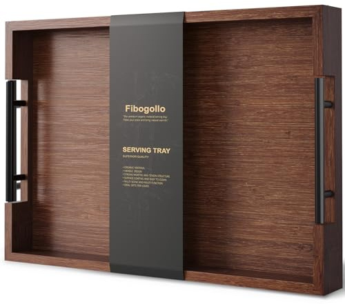 Fibogollo Bamboo Serving Tray with Metal Handles,17x12in Ottoman Decorative Trays Platter for Coffee Table,Living Room,Bar,Party,Large(Brown)