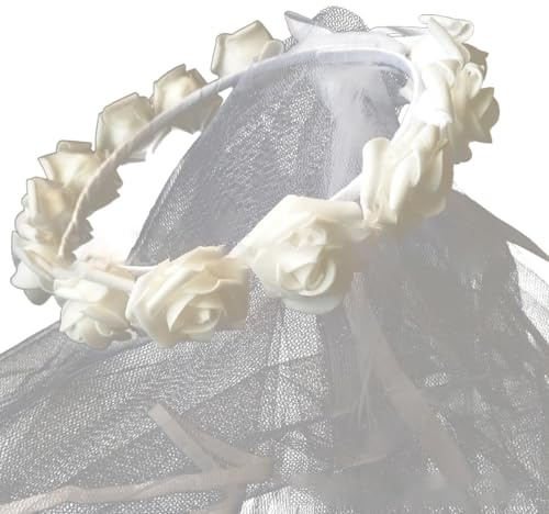 Aniyan Blumenkranz mit Schleier – Braut JGA Hochzeit Haarschmuck | Blumenkrone Brautschleier für Party, Festival, Karneval | Weiße Rosen Haarkranz Brautjungfer Haarreif