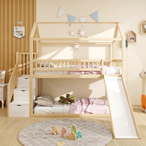 Dolamaní Kinderbett Etagenbett 90x200 cm mit Rutsche und Stauraum Treppe Sicherheit für Kinder, Hausbett mit Rausfallschutz, Hochbett mit Lattenrost, ohne Matratze (Natural+Weiß)
