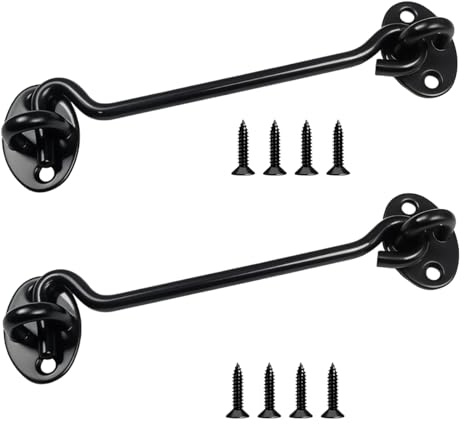 Uqingo 2 Pack Hook and Eye Latch, 6 Inch Black Cabin Hooks Stainless Steel Door Lock Hook and Gate Latch, Door Catch for Outdoor Garden Shed Patio Window Wooden Gates with Screws-Black