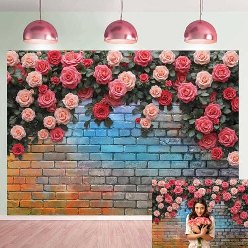 Colour Brick Wall Floral Backdrop 7x5FT Pink Flower Photography Background | Valentine's Day Mother‘s Day Party Banner, Wedding Bridal Shower Birthday Decoration Supplies (84x60 inch)