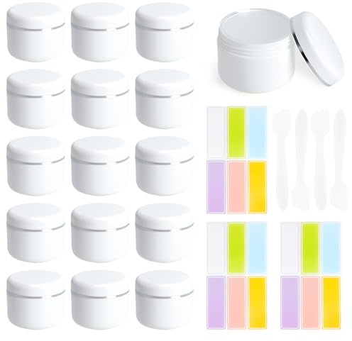 Lot de 15 Pots de Crème Vides 50ml,Contenants Cosmétiques avec Doublure intérieure et Couvercle 4 Spatules et Étiquettes Pots Plastiques pour Crème, Baume, Maquillage, Voyage et DIY