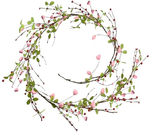 Spring Wreaths with Lights, Pink Heart Hanging Vine Garland with Berry Pink Wreath for Anniversary Desktop Decoration Table Centerpiece Wedding Party Fireplace Mantel Front Door(140CM)
