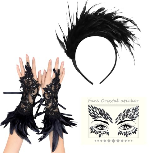Crunier Karneval Feder Kostüm Damen Mädchen,Feder Haarreif,Gesichtsaufkleber,Manschetten,Gothic Kostüm Mädchen für Halloween,Karneval,Gotische Kleiderparty