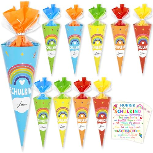 WAMIOKAGRO 10 Stück Kleine Schultüte Mädchen Jungen mit Mutkarten, 20cm Mini Schultüte Klein Zuckertüte Mädchen Geschwister Schultüten Jungen zum Befüllen Bastelset, Geschenke zur Einschulung