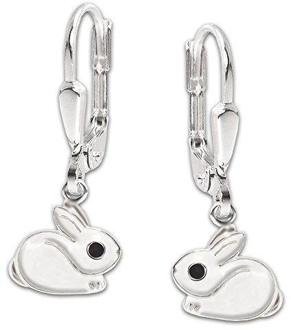Clever Schmuck Silberne Kinder Ohrringe Ohrhänger 23 mm kleiner Hase 7 mm hockend Fell weiß und Auge schwarz lackiert glänzend STERLING SILBER 925 für Mädchen