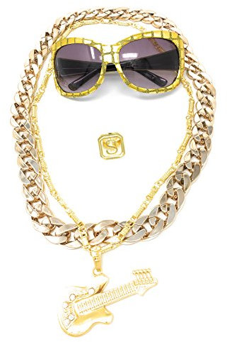 BABO Lude Macho Prolethen Hiphop Rapper Sets 4 bis 5 teilig Ketten Brille Ring (Showstarbrille-Gitarrenkette)