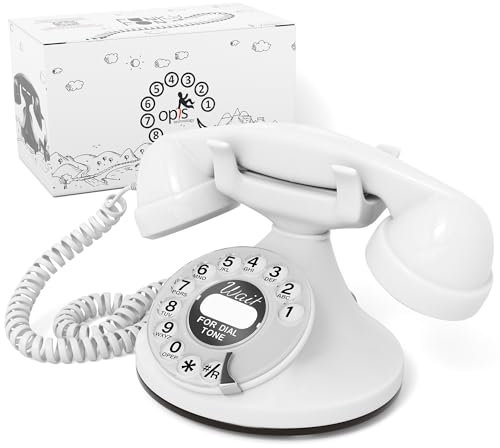 OPIS FunkyFon Cable: Rotary dial disc Telephone in The sinuous Style of The 1920s with Modern Electronic Bell (White)