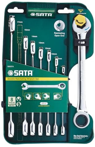 SATA Doppelratschen-Ringmaulschlüssel Satz, 8-tlg. ST08007ASJ (Ratschen Ringratschen Maulratsche Schraubenschlüssel Schlüssel Werkstattschlüssel) Schlüsselweite: 8-19 mm/Zähne: 72
