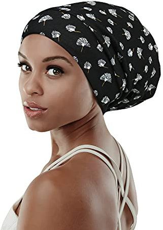 Satin gefütterte Schlafmütze für langes Damenhaar, lässig weite Beaniemütze, Kopfbedeckung, Schwarz / Braun