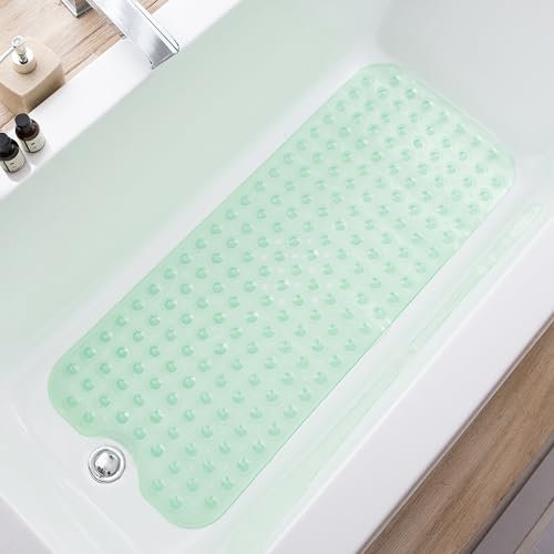 TEESHLY Bathtub Mats for Shower Tub Extra Long Non-Slip Bath Mat, Shower Mat with Drain Holes and Suction Cups, Bath Tub Mat for Bathroom with Machine Washable (Translucent Green)