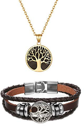 Cupimatch Collana Bracciale Set da Uomo Collana in Acciaio Inossidabile con Pendente Braccialetto in Cordoncino di Cuoio e Lega Forma d'Albero della Vita Stile Vintage Colore