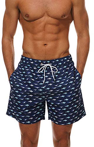 HLVEXH Herren Badehose Kurz mit Taschen Über dem Knie Urlaub Marineblauer Hai Fisch 2XL