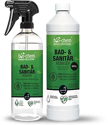 bio-chem Bad- und Sanitärreiniger - 750 ml Sprühflasche + 1000 ml Nachfüllflasche - Badreiniger Spray, WC-Reiniger, Kalkentferner mit Lotuseffekt, Kalkreiniger für Bad, Dusche
