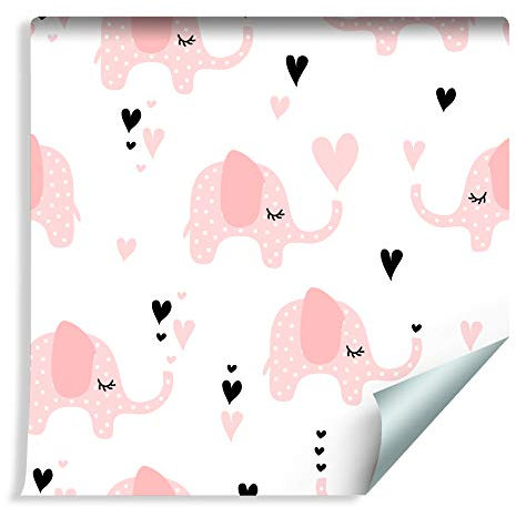 Wallepic Non-Woven Wallpaper 10 m Elephant Hearts Dots 1000 x 53 cm Wall Wallpaper Living Room Nursery Modern Wall Decoration Wall Decoration