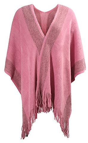 ZLYC Damen schal goldene Trim Knit-kuscheldecke Fringe Poncho-Mantel Strickjacke (Dunkel Rosa),Einheitsgröße