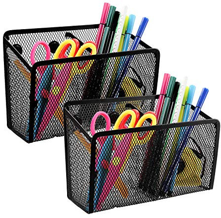 Jucoan 2 Pack Magnetic Pencil Holder, Ultra Strong Magnetic Mesh Pen Holder, Magnet Storage Basket with 2 Compartments for Whiteboard, Fridge, Cubicle Desks, Locker Accessories