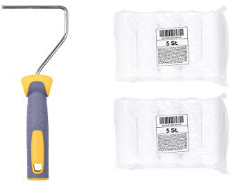 HARDY WORKING TOOLS Maler Set, Farbrolle und 10 Stück Farbwalzen aus Schaumstoff, Florhöhe 7mm, Länge 11cm, Durchmesse 35mm, weiß-gelb-grau, A0180-516000