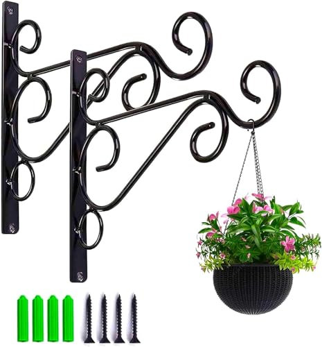 MAIREULB Wall Hook Hanging Plant Bracket, 2 Pcs Garden Brackets Hanging Flower Pot Hangers with Screw for Lanterns, Bird Feeders Wind Chimes Planters Indoor Outdoor Decoration Hooks, Black