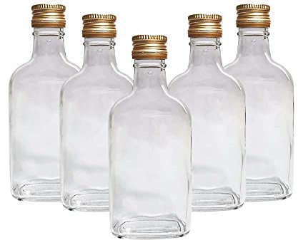 DIAH DO IT AT HOME 10 x Flask Glass Bottles 200 ml (0.2L) & Gold Metal Screw Caps (Twist on Lids) - Home Brewing Gin Oil Vinegar Wine Vodka