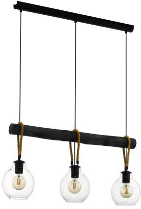 EGLO Pendelleuchte Roding, 3 flammige Hängelampe Vintage, Hängeleuchte aus Glas in Klar, Metall in Schwarz, Holz und Naturseil, Esstischlampe, Wohnzimmerlampe hängend mit E27 Fassung