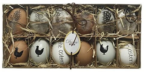 ETC ausgefallene Ostereier echte Hühnereier weiß und braun mit Federdeko und schwarzen Motiven im 12 - er Set