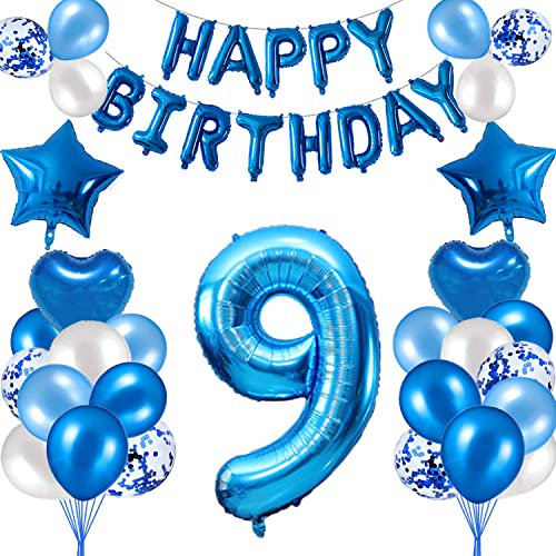 HCRXVV 9. Geburtstag Dekoration Blau 9 Jahr Jungen Geburtstagsdeko Set,Blaue Happy Birthday Girlande Banner Folienballon Jungen Party Deko Geburtstag Party für Wohnzimmer,Luftballons Zahl 9 Blau