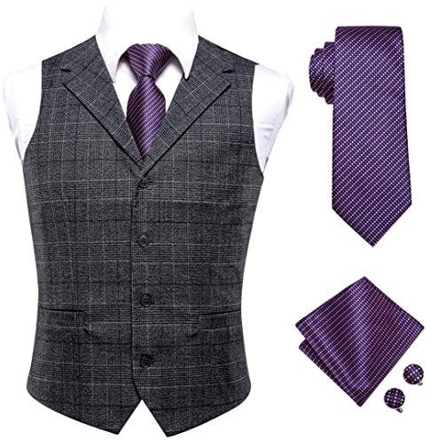 Men Silk Classic Gray Plaids Vest Men Gold Blue Tie Handkerchief Cuff Sets for Dress Business Suit Vest with PurpleTie XL