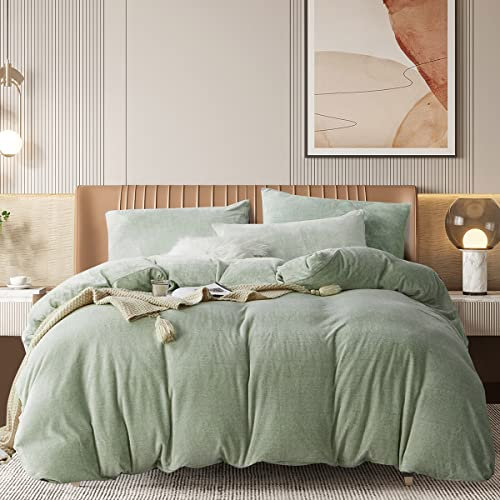 Gezu Winter Bettwäsche Grün 135x200cm Nicky Teddy Plüsch Fleece Flanell Cashmere Touch Uni Hellgrüne Bettwäsche Set Bettbezug mit Reißverschluss und 1 Kissenbezug 80x80cm